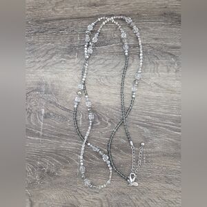 Chico’s Silver Tone & Smoky Grey Crystal Multi-Strand Statement Necklace  Signed